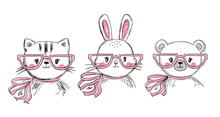 three adorable animal faces: a cat, a rabbit, and a bear, all wearing pink glasses and matching scarves. Their charming expressions and soft, minimalistic style add a playful and cute vibe.
