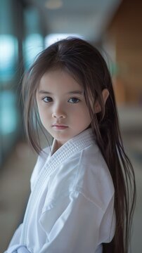 photograph of Portrait of Cute young Asian Girl with long hair Taekwondo athlete in Dobok competes with Twimyo Chagi action