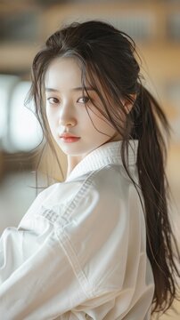 photograph of Portrait of Cute young Asian Girl with long hair Taekwondo athlete in Dobok competes with Twimyo Chagi action