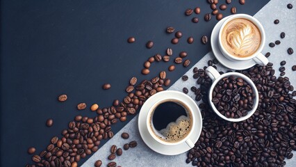 Stylish minimal coffee beans and drinks showcase modern cafe top-down view contemporary environment