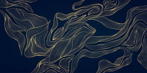 Vector art deco line wave pattern, gold on blue elegant texture, abstract wavy shapes. Premium illustration template, fancy dark copper graphic.