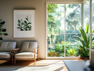 Serene Living Room with Large Window and Green Plant