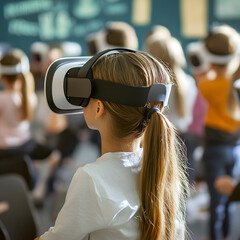A girl wearing a virtual reality headset engages in an immersive experience, surrounded by others in a classroom setting.