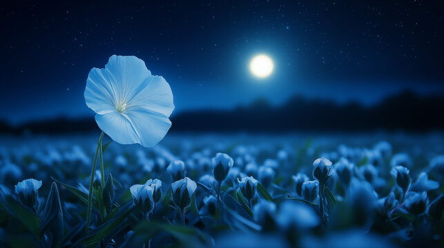 Giant moonflower blooming in midnight blue crystal field