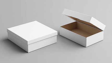 Blank white flat square gift box with open and closed hinged flap lid on white background. Clipping path around box mock-up. Open cardboard box top view isolated, Open and closed white box mockup. 