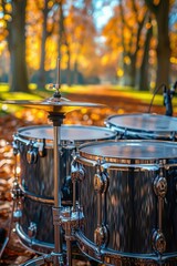 Obraz premium scenic autumn scene featuring a drum set placed in middle of forest path, surrounded by golden leaves. image blends music with nature, evoking a sense of creativity and harmony in an outdoor setting