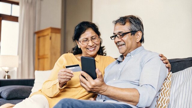 Happy older mature senior family couple, middle aged man and woman looking at cell phone using smartphone mobile technology device together sitting at home relaxing on couch doing online shopping.