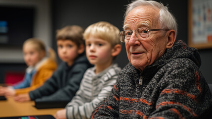 An elderly man engages with children during a learning session in a classroom setting, fostering intergenerational connections. Generative AI