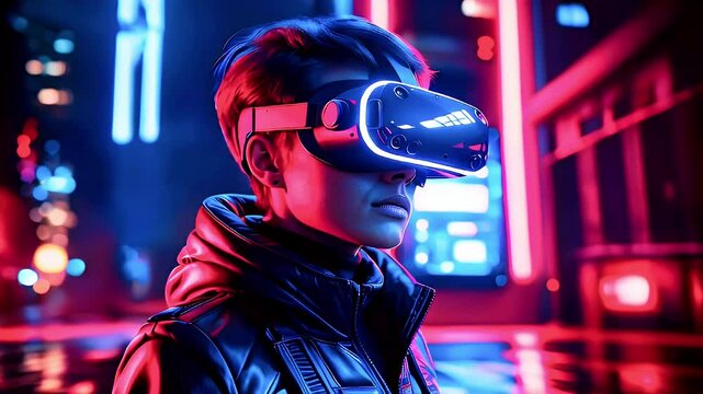 Person wearing VR headset in neon city at night.