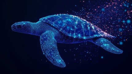 Abstract Leatherback Turtle on Dark Blue Background, Rendered in Low Poly Wireframe and Glowing Particles for a Modern Digital Marine Art Aesthetic.