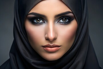 Fototapeta premium Close-up of a woman's face surrounded by a black hijab, highlighting her striking eyes and flawless complexion with a focused and serene expression.