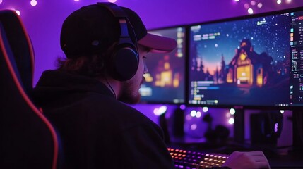 A gamer wearing headphones is immersed in a game on a large monitor in a dimly lit room