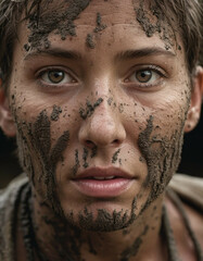 Fototapeta premium A woman of varying ages with mud stains, displaying a sad expression.