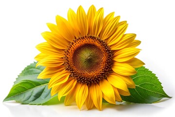 Fototapeta premium Bright yellow sunflower with green leaves on white background