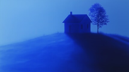 Fototapeta premium Solitary house on a hill in blue mist with tree