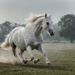 Obraz premium A majestic white horse galloping across an open field, set against a white backdrop.