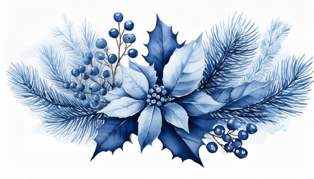 Watercolor Christmas arangement of spruce and holly berries in monochrome blue