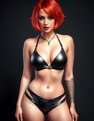 Fototapeta premium studio portrait of a woman with red short hair and nude shoulders wearing a low cut black leather bikini on black background