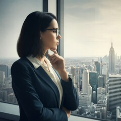 Thoughtful Businesswoman Looking Out the Window at the City