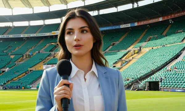 A female reporter stands on a sports field holding a microphone.