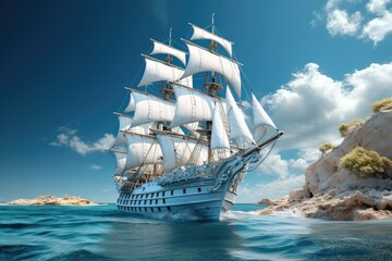 A Majestic Black and White Ship Navigates the Azure Seascape Under the Enchanting Expanse of the Daytime Sky