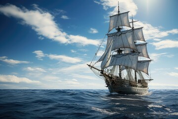 A Majestic Black and White Ship Navigates the Azure Seascape Under the Enchanting Expanse of the Daytime Sky
