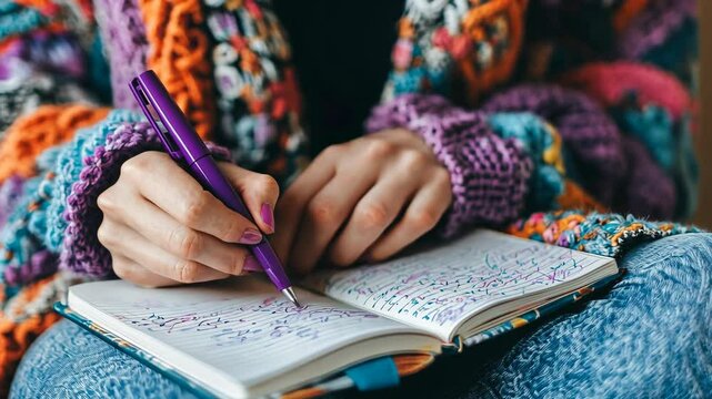 Close-up view of hands in a vibrant knit cardigan writing in a small, open notebook