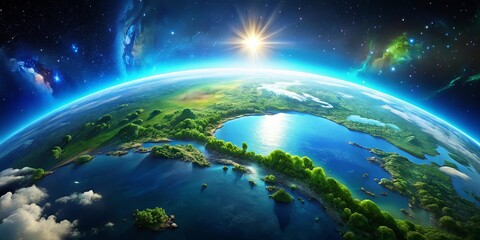 A Lush Coastal Paradise Viewed from Orbit, Bathed in the Golden Light of a Rising Sun, Against a Starry Galaxy Background