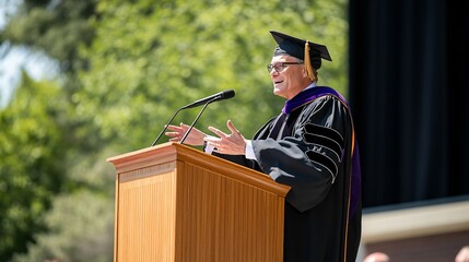 A speaker in academic regalia addresses a crowd during a graduation ceremony, set against a backdrop of greenery and a stage.