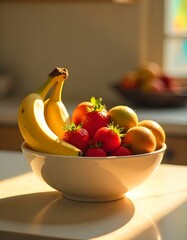 a bowl of fruit with bananas and strawberries on a table.