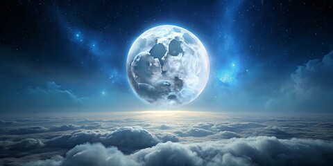 Fototapeta premium Serene Celestial Landscape A Giant Moon Hangs Low Over a Sea of Clouds and a Starry Sky