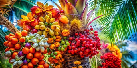 Captivating Double Exposure of Buriti Palm Tree Flowers and Fruits Blending in an Artistic Composition with Selective Focus, Showcasing Nature's Vibrant Colors and Textures