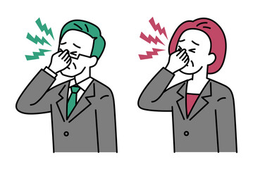 眼精疲労がつらい中年のスーツの男女　セット