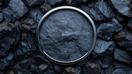A circular black metal frame against a dark stone wall.