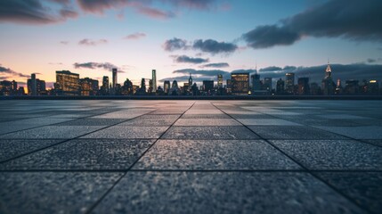Empty square floor with city skyline background, Skyline plaza with iconic skyscrapers, twilight atmosphere