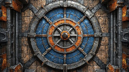 Fototapeta premium Intricate Stone and Metal Wheel Design Architectural Detail of a Fictional Fortified Structure. 