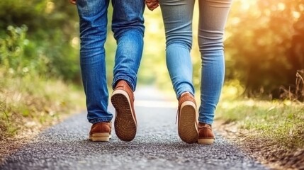 Unposed shot of a couple walking hand in hand through a sunlit park, captured midstep, casual and relaxed atmosphere