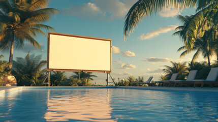 Outdoor marketing frame next to pool in tropical setting 