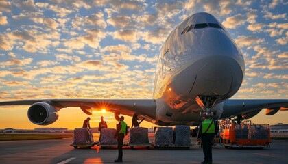 Logistics At Dawn Airport Ground Crew Loading Cargo Onto A Twin-Deck Airplane Under Golden Sunrise