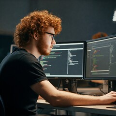 Programmer Coding on a Computer with Multiple Screens