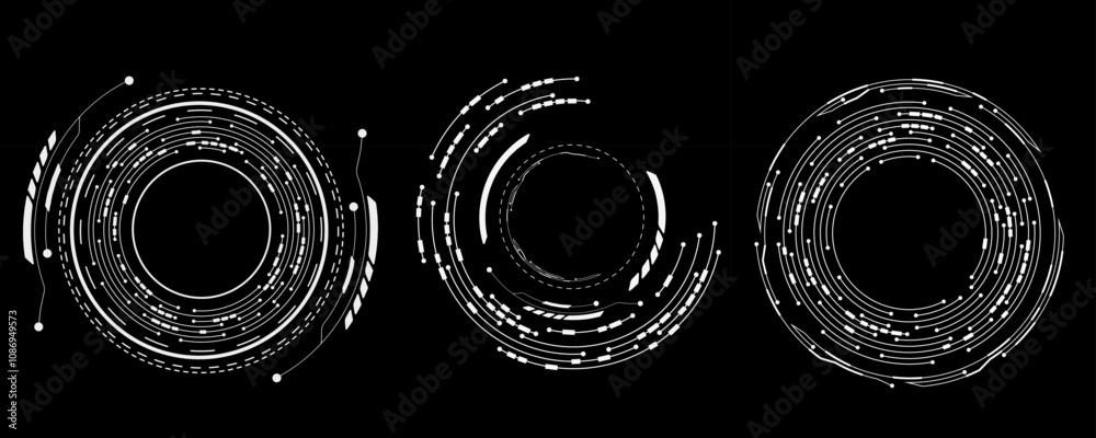 Poster Set of futuristic HUD circles. Tech elements for sci-fi user interface. Abstract technology. Digital rings in motion for UI and GUI design. Cyber frames. Vector illustration. EPS 10