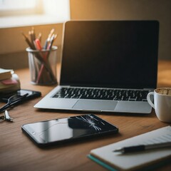 Laptop, Smartphone, and Coffee Cup on a Desk, Workplace Essentials