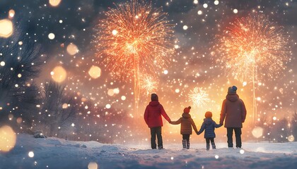 Obraz premium A joyful family gathering, enjoying a winter celebration with fireworks illuminating the night sky. Snowflakes fall gently as they share this magical moment together.