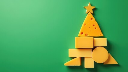 Assorted cheese slices arranged in Christmas tree shape on green background with copy space. Christmas concept for dairy and cheese business, for greeting card, invitation, postcard, banner, poster