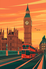 an illustration poster design of london featuring The iconic Big Ben and the Houses of Parliament, with a red double-decker bus crossing Westminster Bridge
