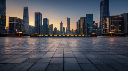 Obraz premium Empty square floor with city skyline background, Metropolitan square with iconic skyscrapers, twilight atmosphere
