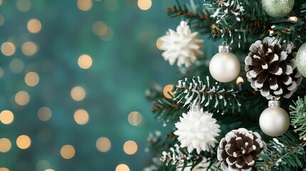 Fototapeta premium Festive Christmas tree decorations with bokeh lights.
