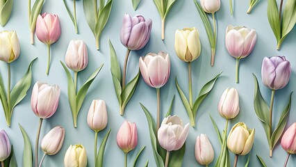 Pastel Tulips Arranged in a Repetitive Pattern on a Light Blue Background