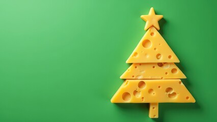 Assorted cheese slices arranged in Christmas tree shape on green background with copy space. Christmas concept for dairy and cheese business, for greeting card, invitation, postcard, banner, poster
