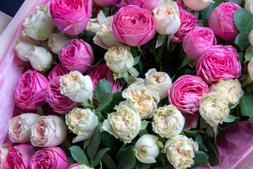 A large bouquet of pink and white roses close-up. Congratulations on the holiday. Love and tenderness. Close up
